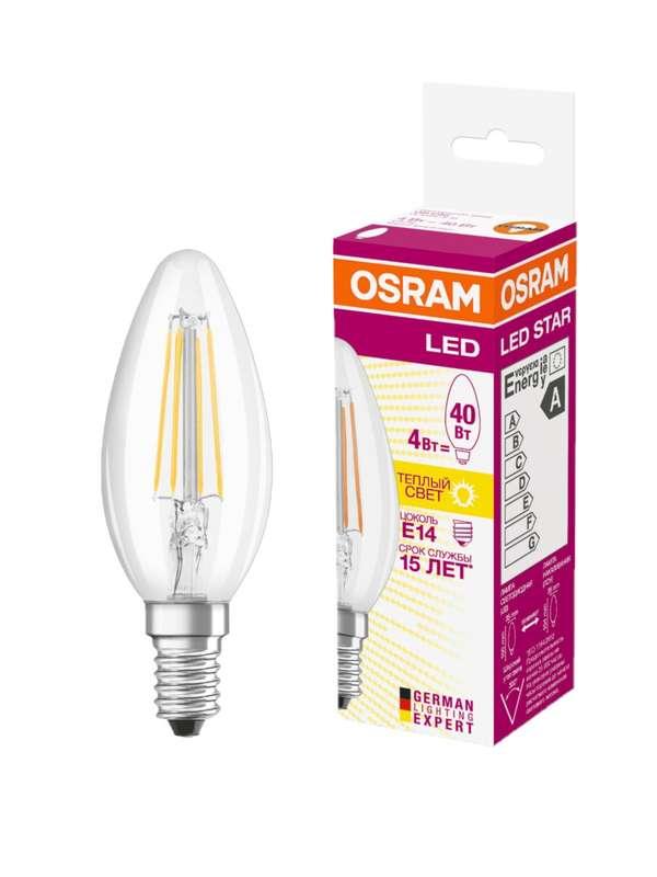 Лампа светодиодная филаментная LED STAR CLASSIC B 40 4W/827 4Вт свеча 2700К тепл. бел. E14 470лм 220-240В прозр. стекло OSRAM 4058075068353