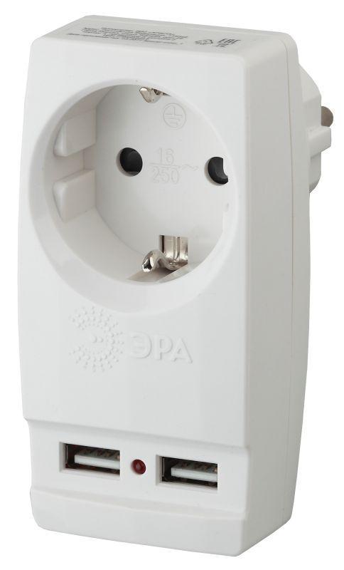 Адаптер SP-1e-USB-W Polynom; 1-м 220В+ 2хUSB 2100мА c зазeмл. бел. ЭРА Б0026332