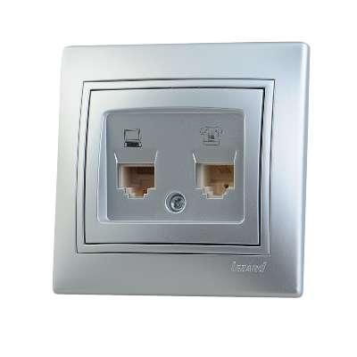 Розетка компьютерная + телеф. СП Мира RJ11 + RJ45 метал. сер. LEZARD 701-1010-143